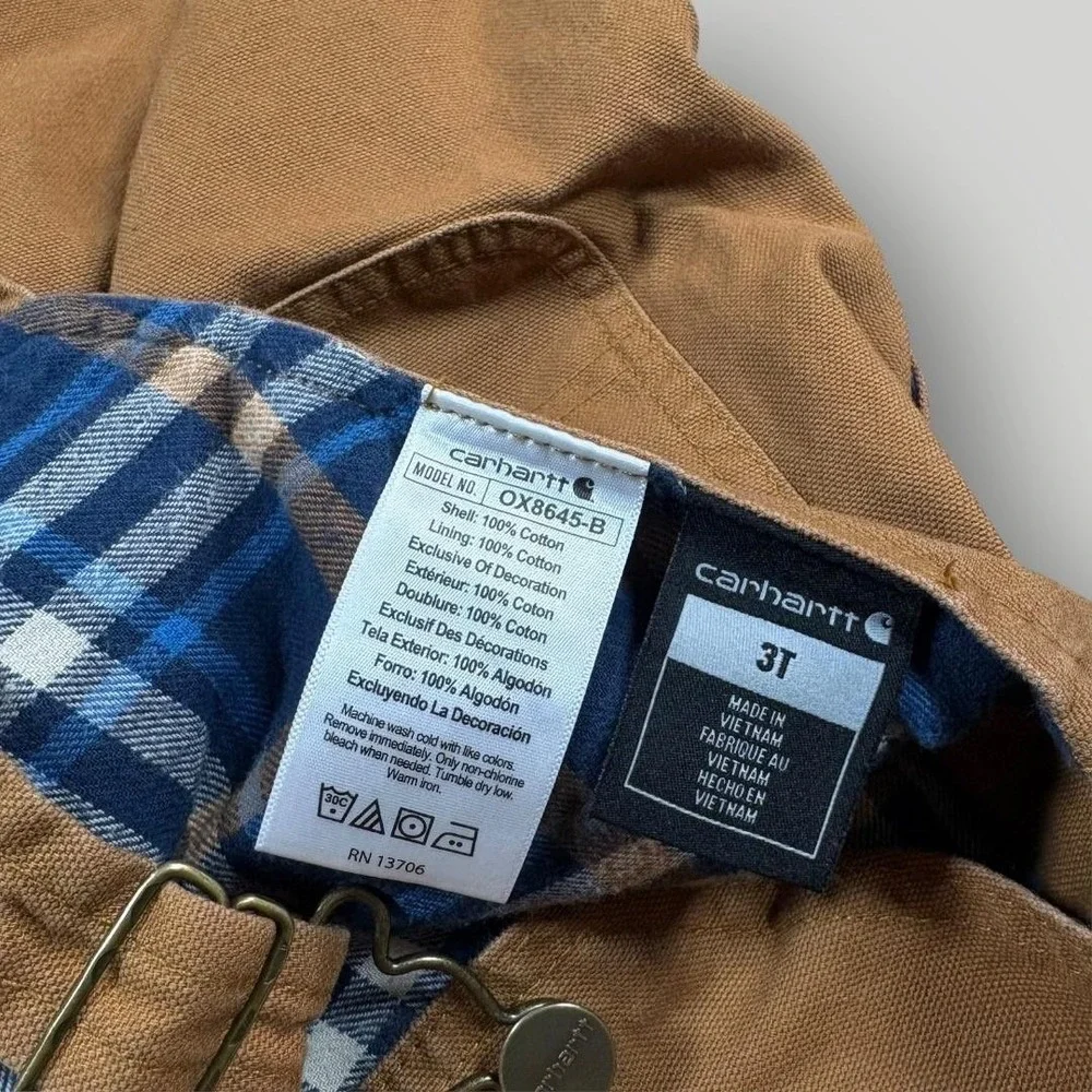 Carhartt Overalls Boys 3T Brown Canvas Flannel Lined Bib Pants Playwear Workwear